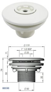 ASTRAL Menetes befúvó fóliás MULTIFLOW 2coll külső menet kontra anyával, D50mm belső ragasztható 00330 méretrajz 430x770