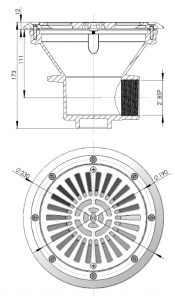 Padlóürítő Ø210mm, ABS rácssal, fóliás medencéhez A padlóürítő anyaga fehér ABS, oldalán 2” belsőmenetes csatlakozással. Maximális áramlás: 13 m3/h. Padlóürítő Ø 210 mm, ABS rács 00271