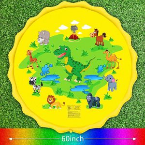 sárga színű gyerek szökőkút dinoszauruszos figurákkal, párakapu, locsolószűnyeg, gyerek kerti szökőkút