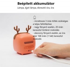 Cuki állatos, gyermek ébresztőóra három féle színű burkolattal, macsakfül, rénszarvas agancs, Mickey-egér fül, nyuszifül kiegészítőkkel, beépített akkumulátorral