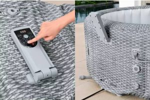 6001N_25 LAY-Z-SPA® Bali AirJet™ UltraFit™ WLAN WiFi (Honolulu) Ø 196 x 71 cm világos szürke rattan mintázatú és Applikáció segítségével távolról is vezérelhető pezsgőfürdő
